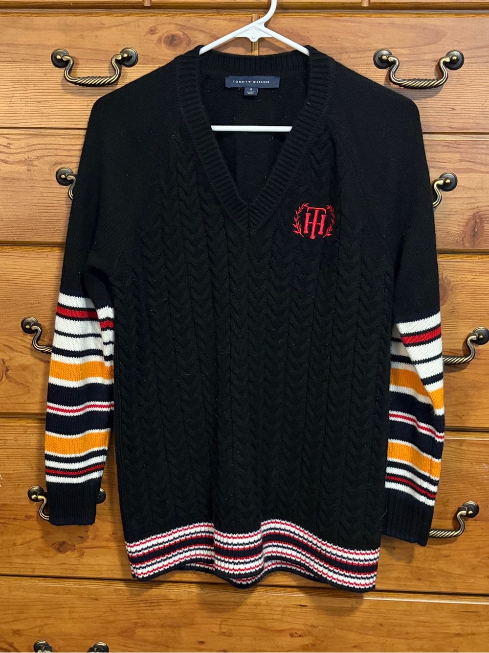 Tommy Hilfiger Black V-Neck Cable Knit Sweater with Multicolor Striped Sleeves